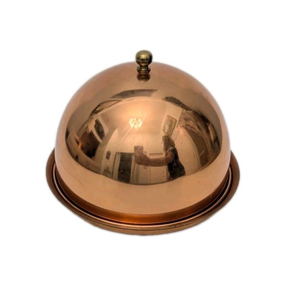 French Vintage Copper Cheese Butter Dome with Tray Brass Knob Glass Insert 6.8"